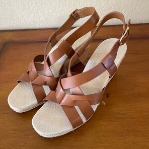 COLE HAAN Crystal Wedge Strappy Honey Tan Leather Sandals Women Sz 8.5